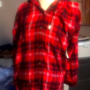 No Boundaries XL (15-17) Womens Red/black button down shirt with hood NWT